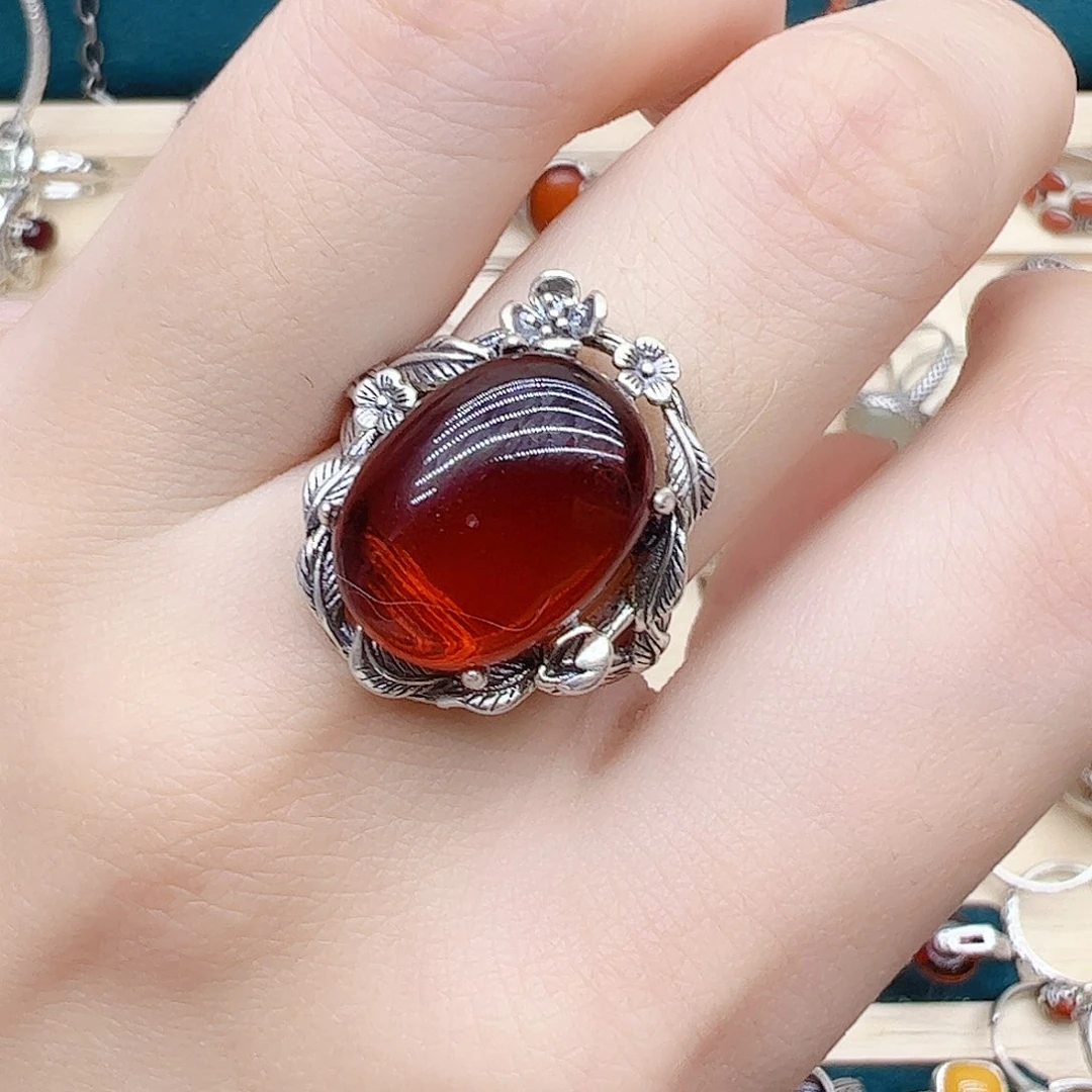 血珀戒指银S925镶嵌天然