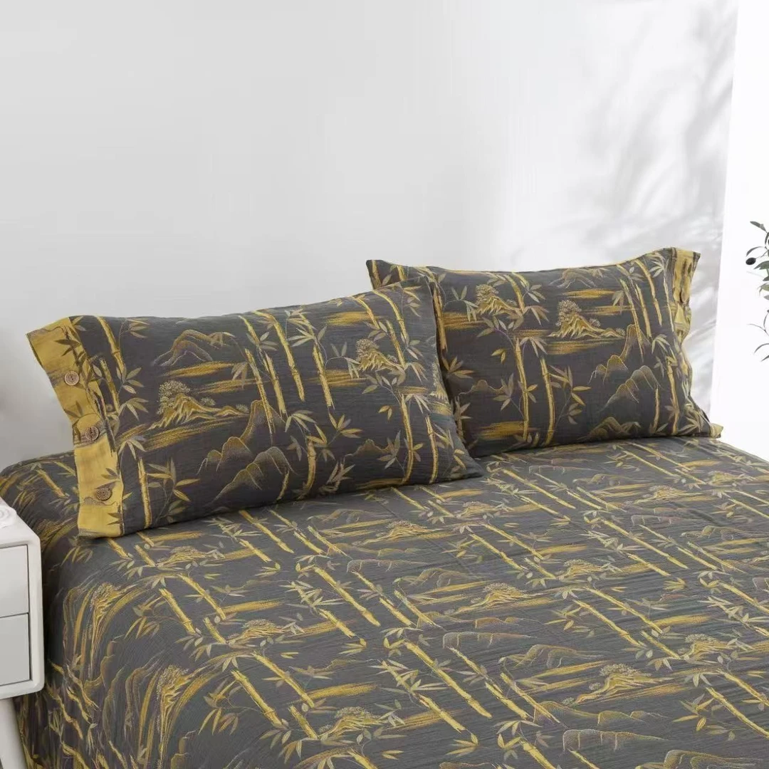 全棉双层纱床单三件套纯棉纱布【金竹墨影-夏被同款床单+2只枕套】