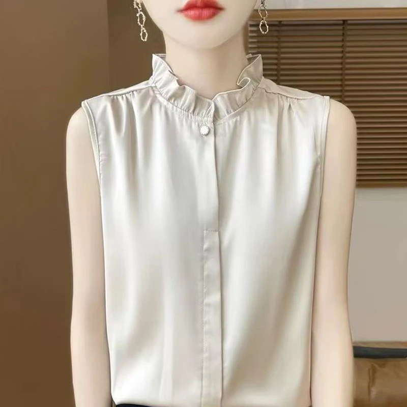 中式醋酸缎面无袖衬衫女内搭衬衣背心打底开衫国风木耳领上衣