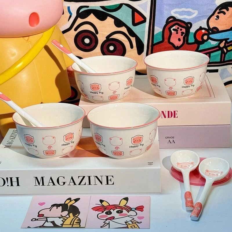 【happy猪】陶瓷ins家用米饭碗情侣款可爱少女釉下彩饭碗高颜值餐具
