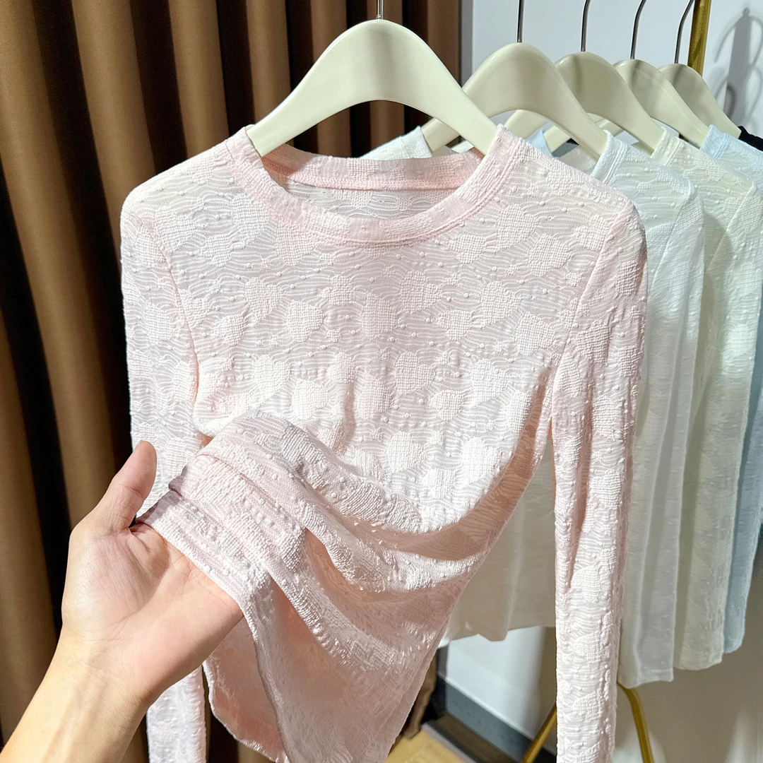粉色蕾丝上衣小圆领甜美内搭女秋冬洋气小衫高级感薄款修身打底衫