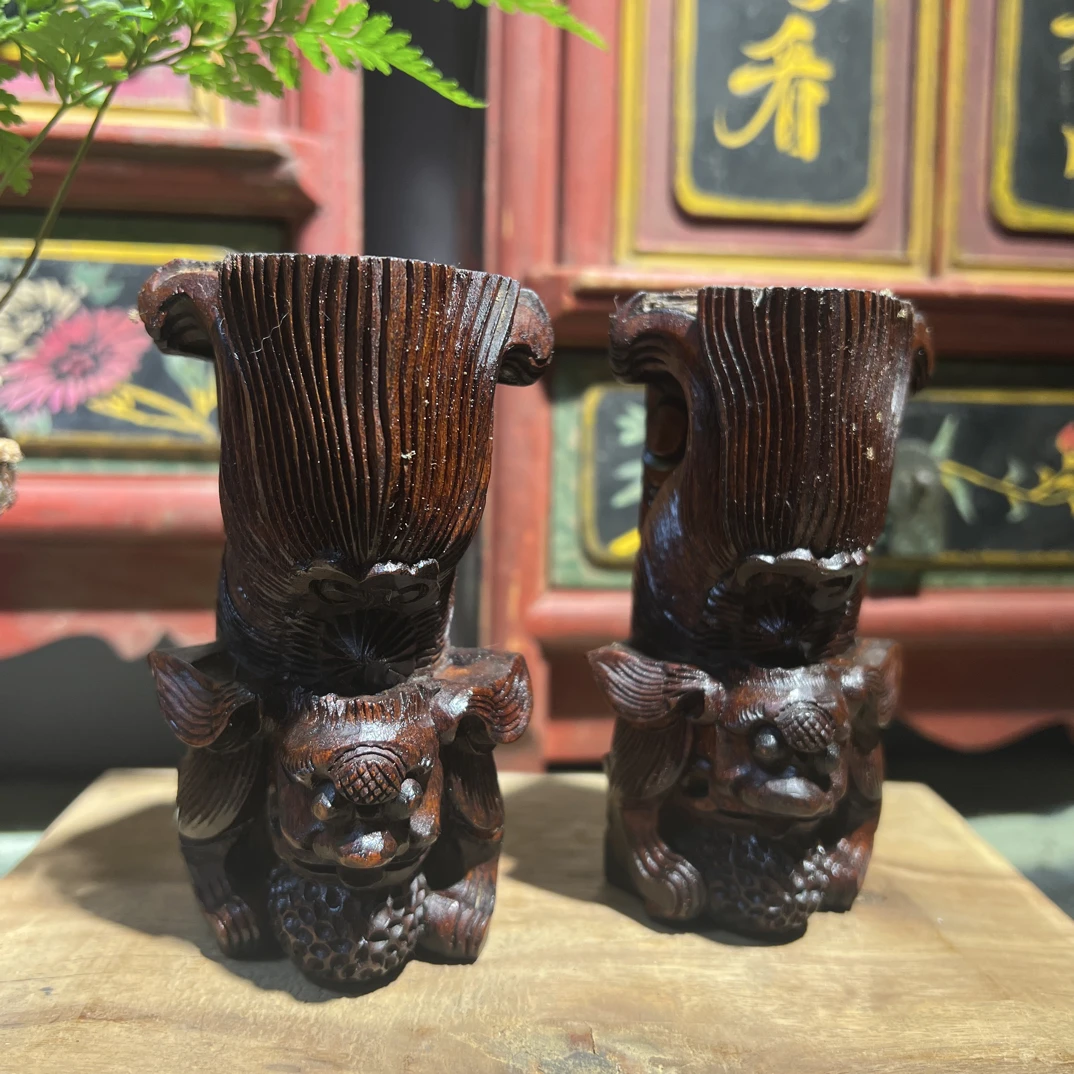 木雕倒挂狮一对 品相完好 工艺精湛可装饰空间 木雕摆件
