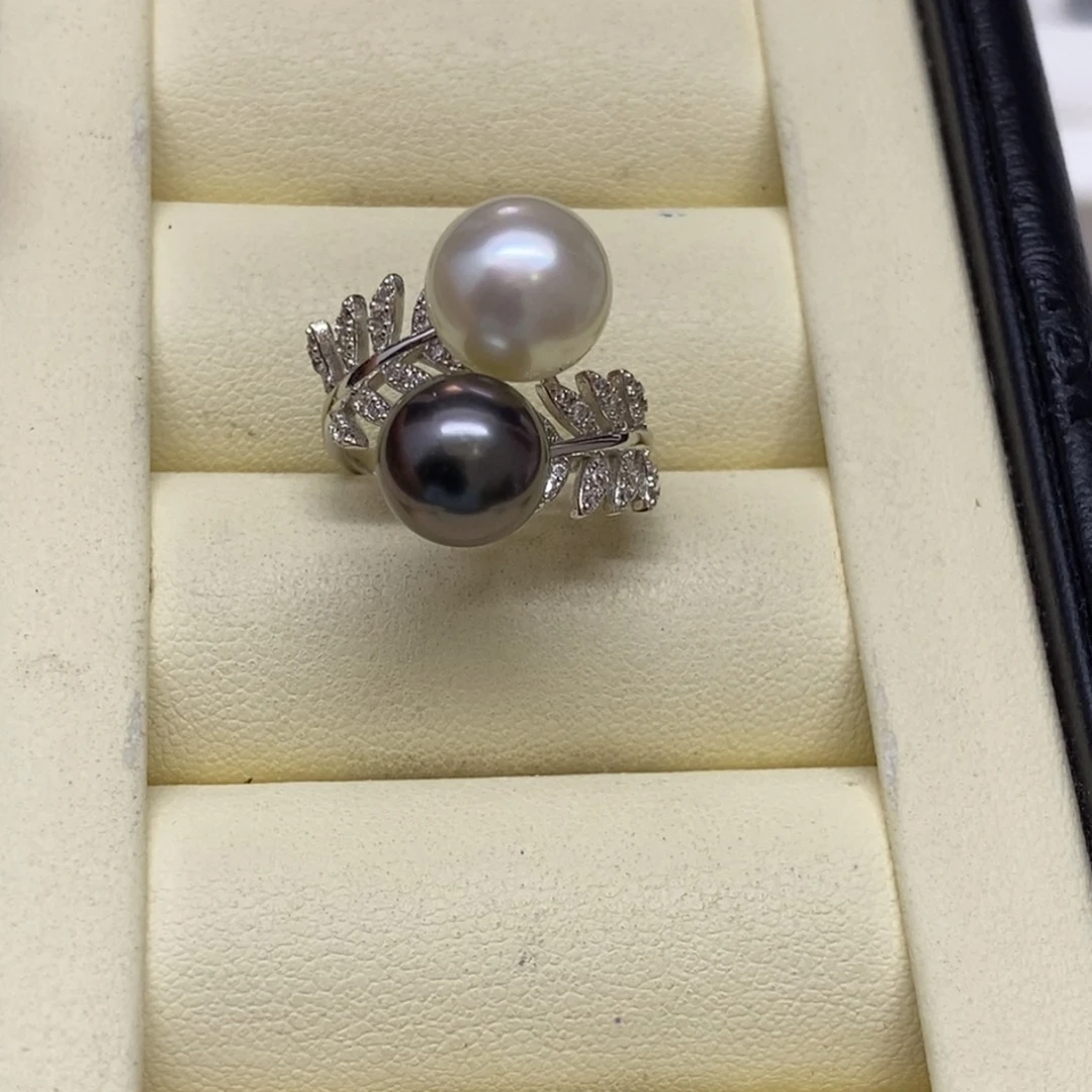 银S925镶嵌戒指海水珍珠双珠戒指9-11