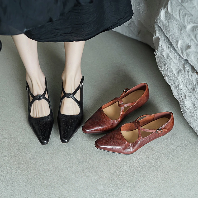 高档舒适水洗马皮低跟3㎝玛丽珍鞋复古雕花浅口单鞋高品质通勤百搭