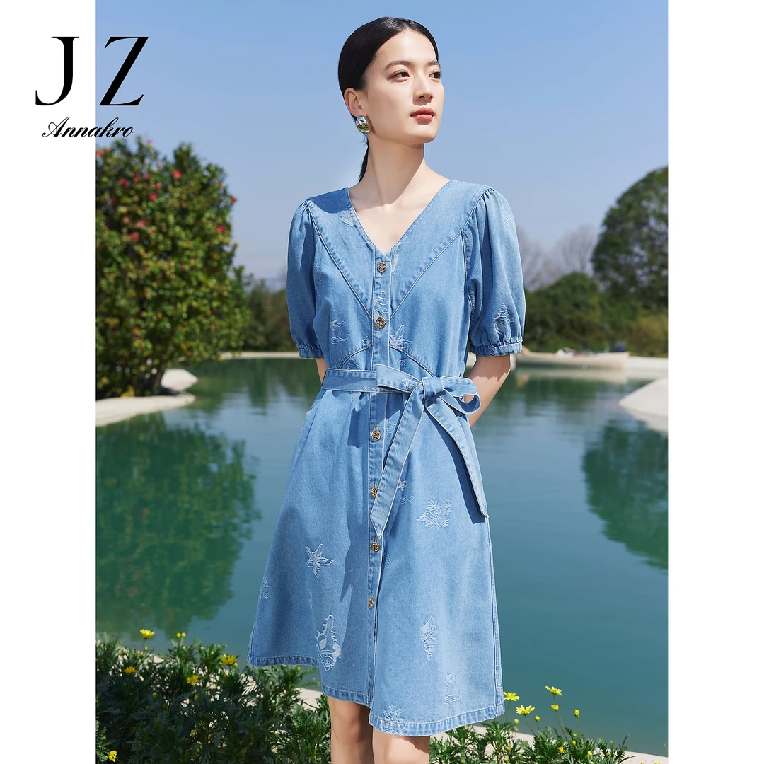 【赵老板专属】JZ玖姿JTDX50147中长连衣裙女V领含莱赛尔提花裙子