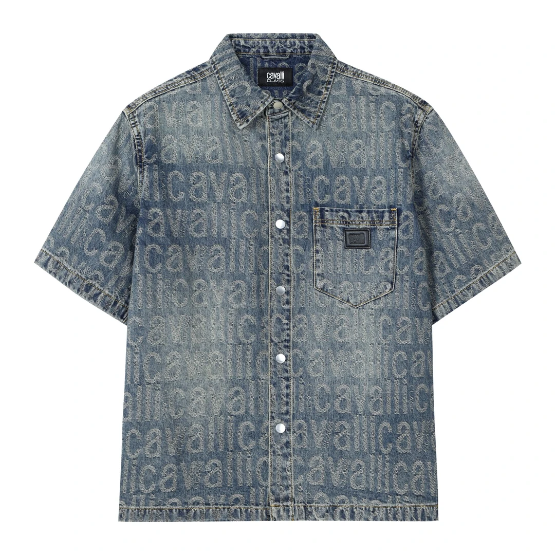 Cavalli Class卡沃利男皮质胸袋老花满刺绣标牛仔水洗蓝短袖衬衫