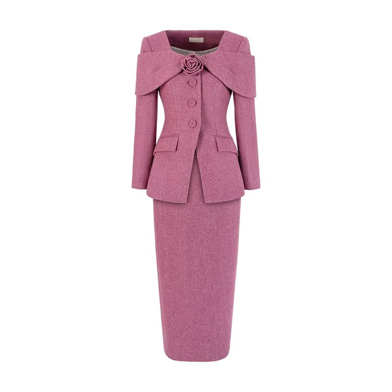 MAGGIE MA马婧设计师时尚气质名媛高腰小香风修身粉色套装裙656D