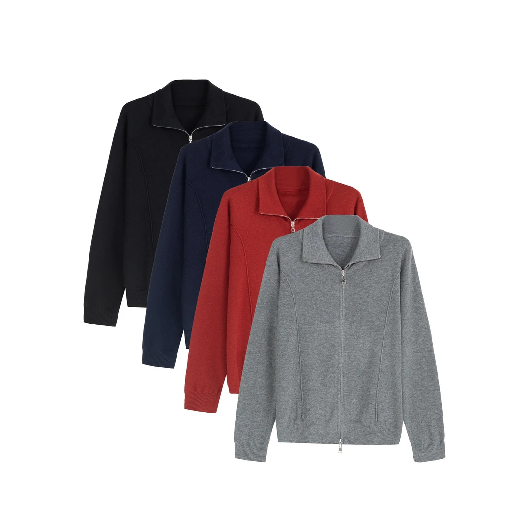 花己大码时尚显瘦百搭鱼骨分割线翻领双开拉链羊毛衫LS5132