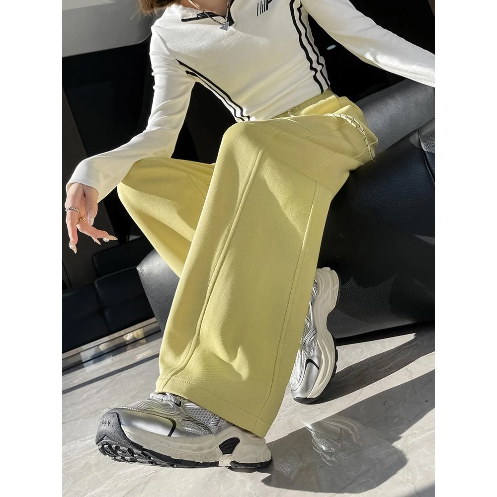 黄色裤子窄版阔腿裤女香蕉运动裤春秋2025新款宽松休闲直筒弯刀裤