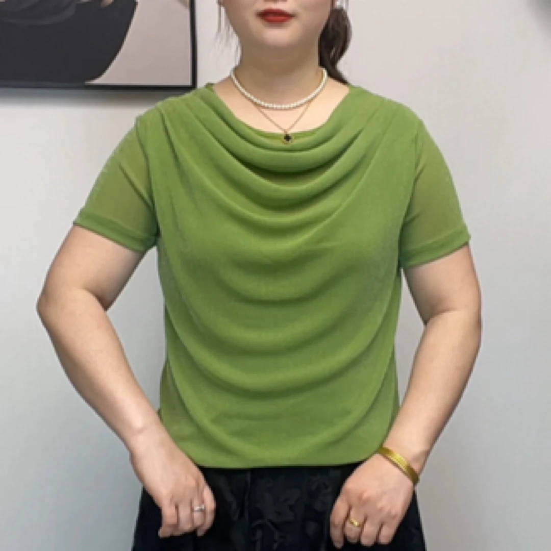 2025夏季法式堆堆领短袖新款时尚气质百搭显瘦遮肉洋气上衣25302