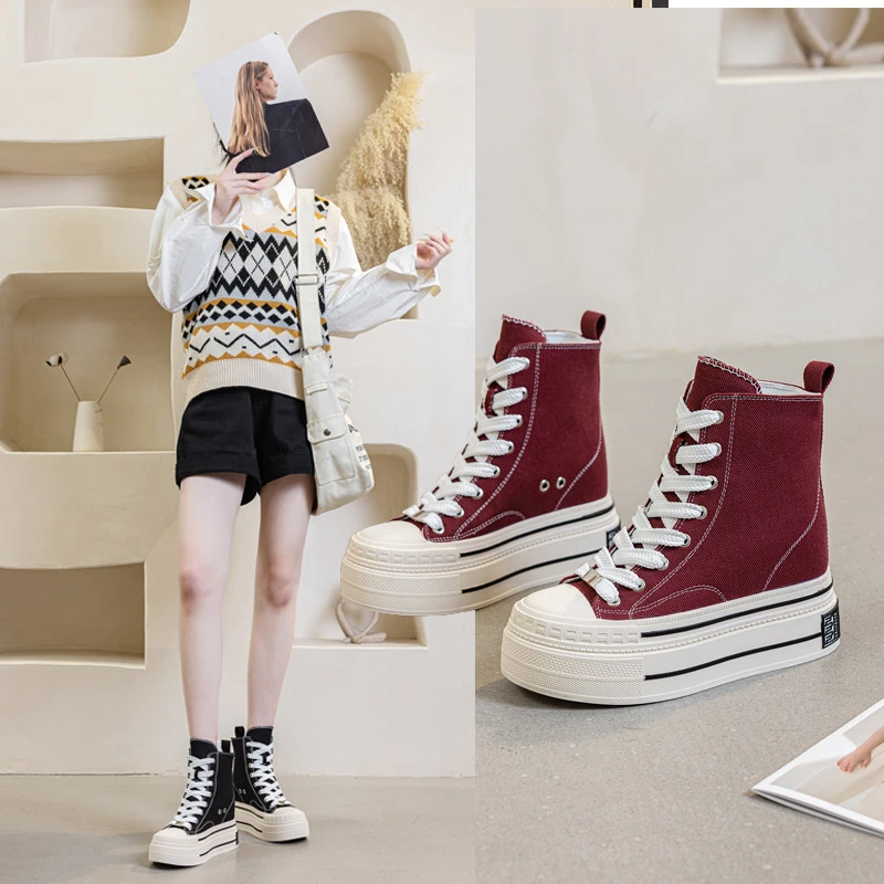 帆布鞋女2025春秋新型平超隐形内增休闲纯色单鞋系带橡品牌类似款