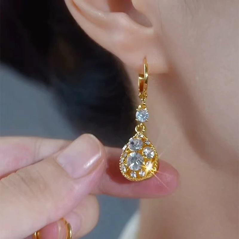 铜合金锆石耳饰 百搭红色镶钻双面水滴耳环2024年秋冬时尚满钻