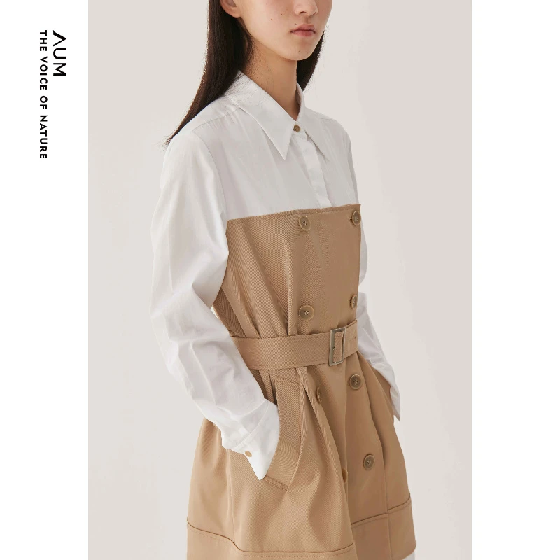 【达人专享】AUM/噢姆卡其色拼接撞色通勤衬衫连衣裙M1BW10936