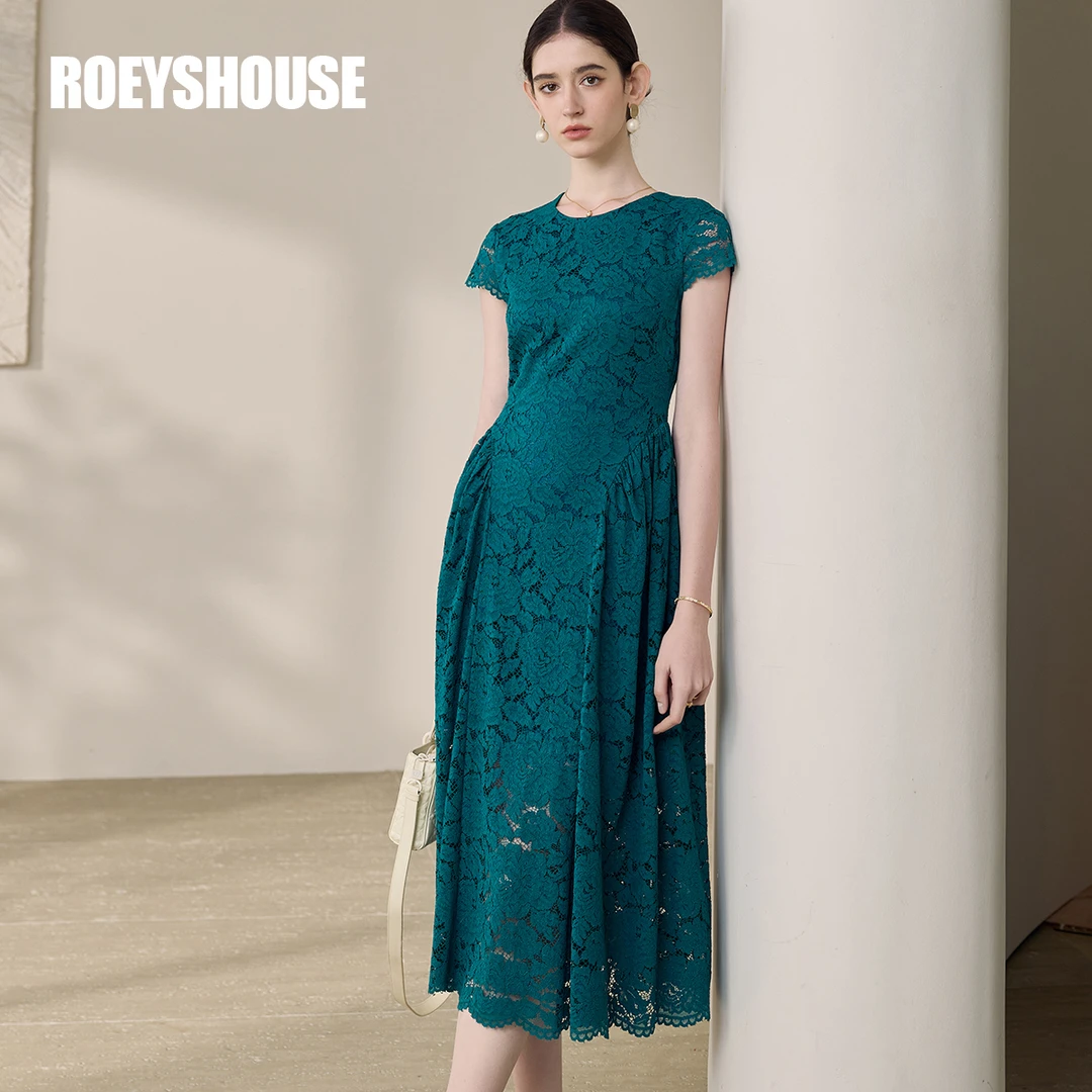 【RH】罗衣高级孔雀绿蕾丝连衣裙2025夏季新款气质大摆中长裙12013