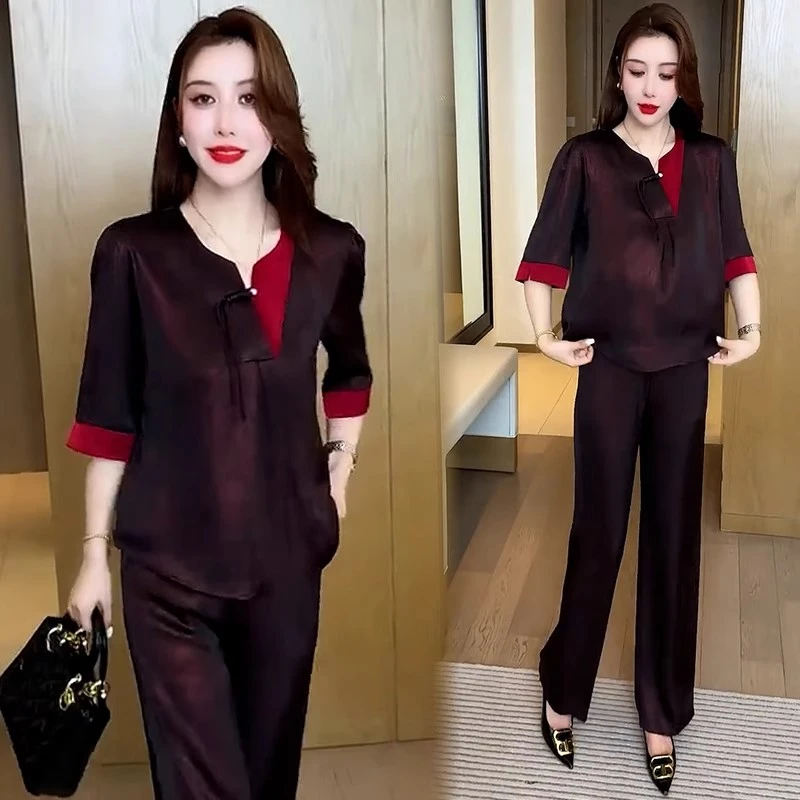 冰丝时尚套装女2025夏季新款洋气显瘦盘扣短袖上衣阔腿裤两件套潮