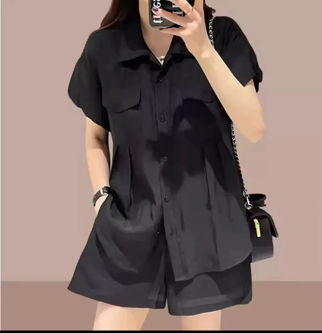 Miss huo 短袖衬衫两件套 A黑色 9821