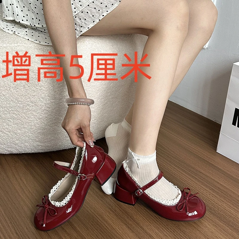 法式蕾丝蝴蝶结玛丽珍小皮鞋女2025新款夏季圆头粗跟一字扣带单鞋