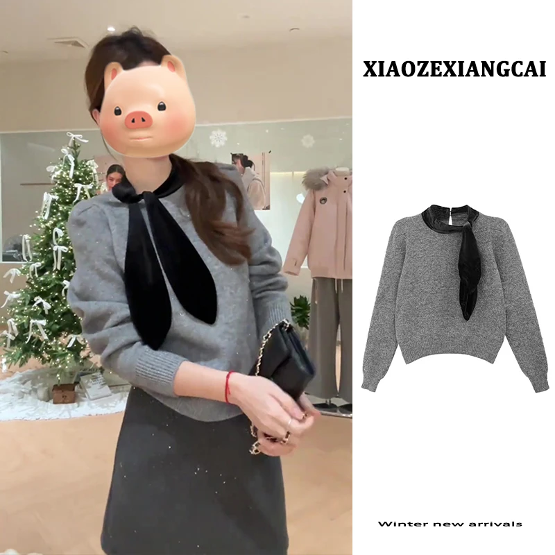 法式蝴蝶结撞色丝绒系带灰色亮闪毛衣女秋冬慵懒风短款针织衫上衣