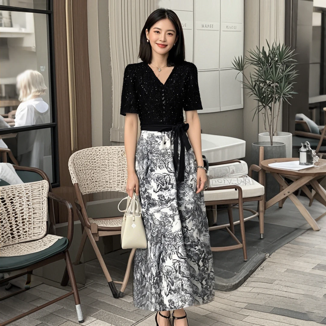 A2025春季明星同款新款亮片蕾丝拼接高级感宴会礼服连衣裙女D0992