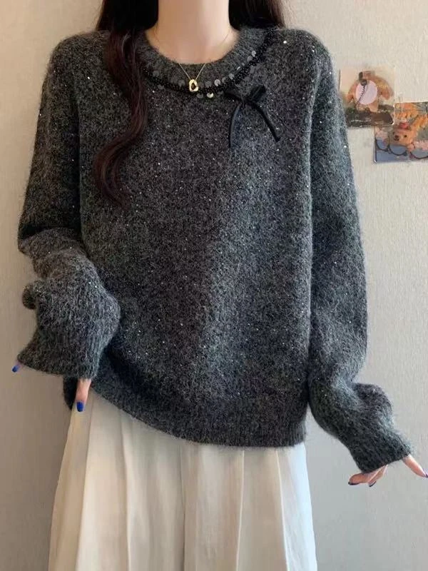 76826时尚亮片蝴蝶结装饰毛针织衫秋冬上衣