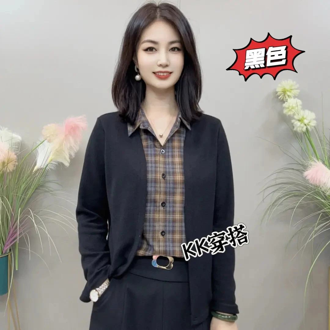 【KK】YLY8996秋季上新假两件纯色外搭经典格子内衬气质百搭衬衫