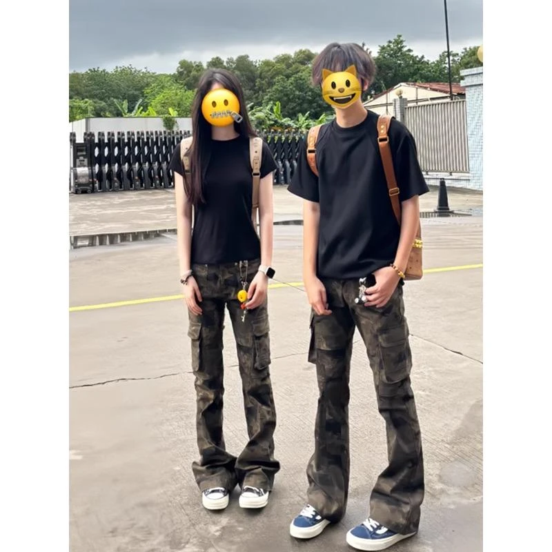 迷彩牛仔裤男款美式高街痞帅薄款夏季裤子青少年多口袋微喇工装裤