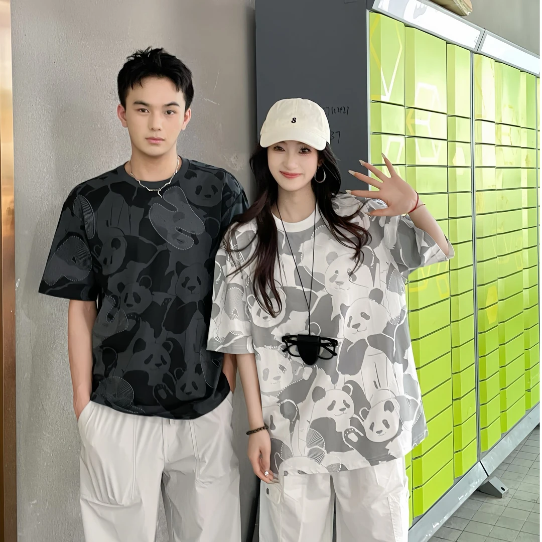 虚线熊猫|森马国潮短袖T恤男设计感满印t恤2025潮流国风百搭通勤