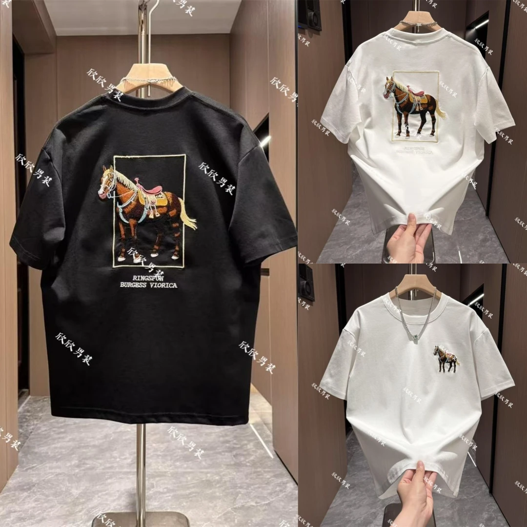 潮牌马到功成刺绣时尚痞帅潮流男士休闲短袖