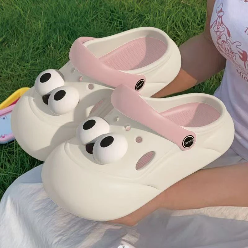 搞怪大眼洞洞鞋夏季厚底防滑两穿凉拖鞋夏天踩屎感包头拖鞋女外穿