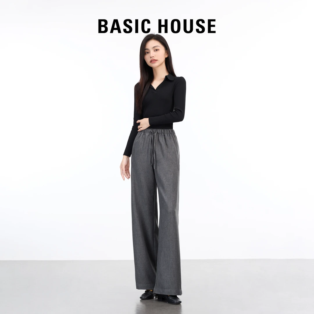 Basic House/百家好显瘦纯色宽松口袋抽绳松紧直筒阔腿休闲裤高腰