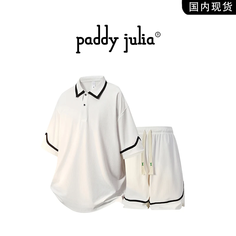 Paddy julia撞色休闲运动套装男士夏季美式翻领polo衫短裤两件套