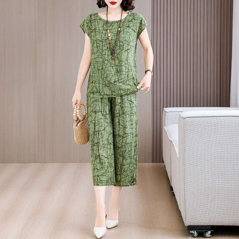 哥弟阿玛施正品棉绸套装女时尚外穿夏季新款休闲两件套宽松七分阔