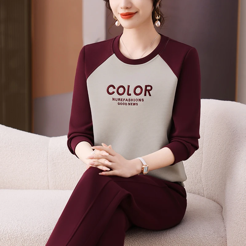 恩狐圆领休闲运动服套装女2025春秋季新款拼色卫衣女两件套