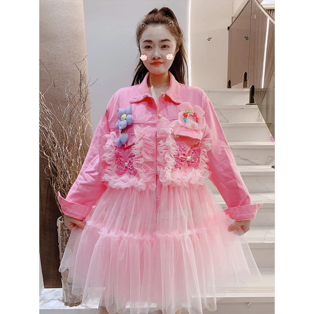 重工立体装饰牛仔外套拼接网纱连衣裙仙女裙