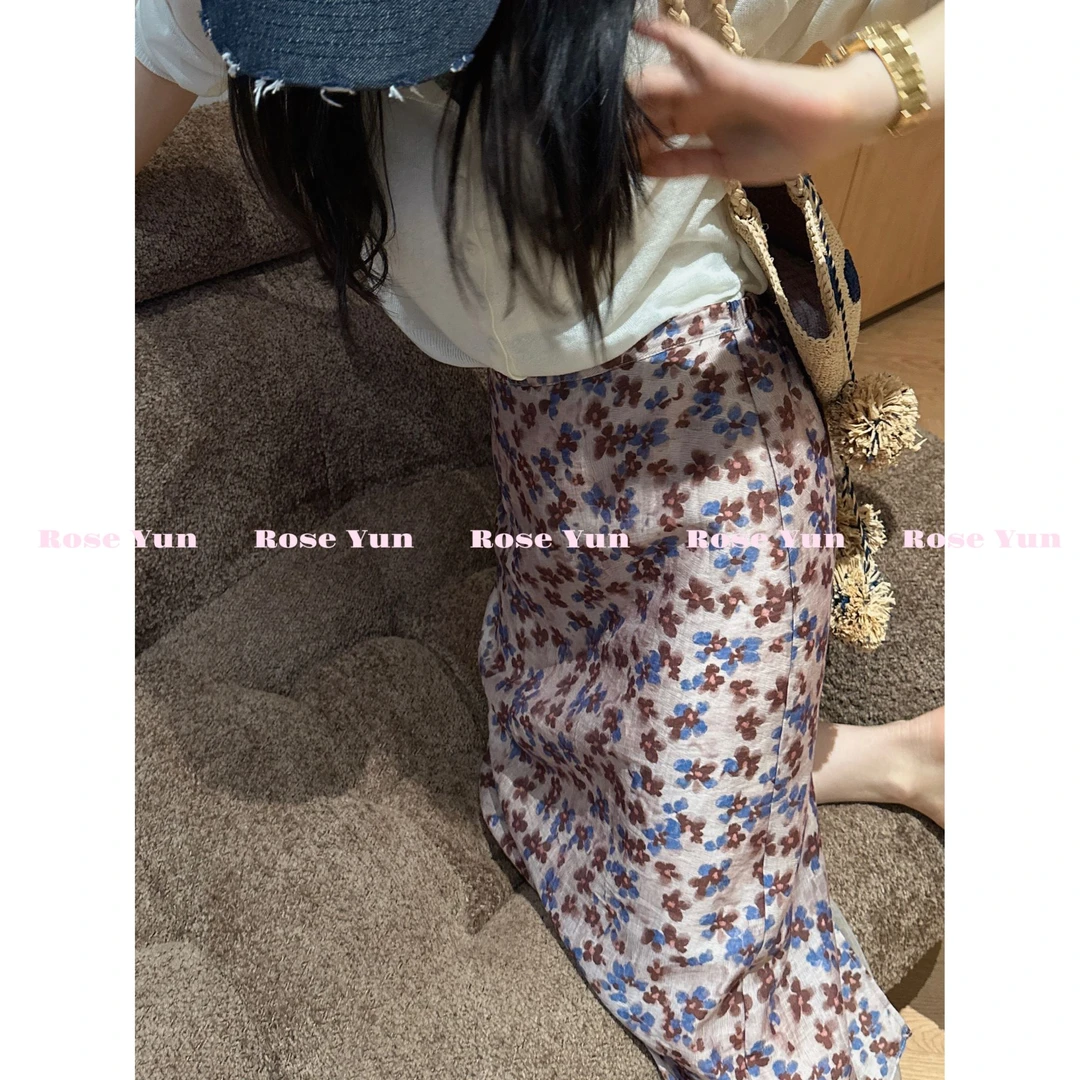 【Rose Yun】浓情法式 咖蓝印花亚麻网纱拼接半身裙  JY055031