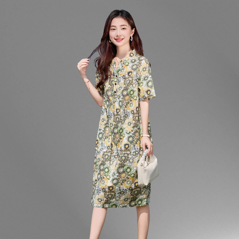 连衣裙2025新款夏季高贵端庄大码宽松纯棉碎花垂坠感妈妈休闲裙子