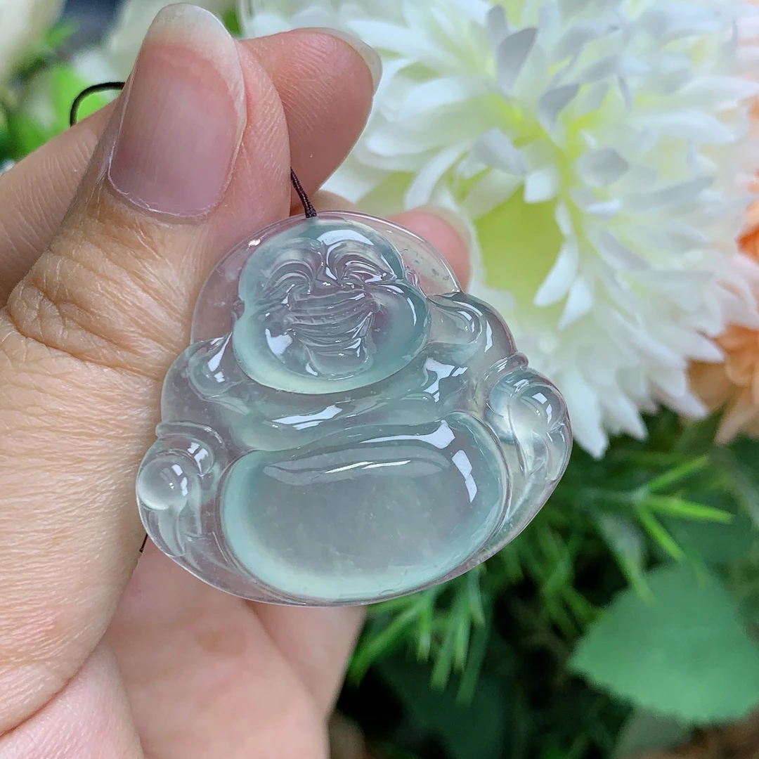 缅甸天然翡翠A货玉石高冰起光蓝底精品佛公吊坠东尺寸30/33.4/6mm