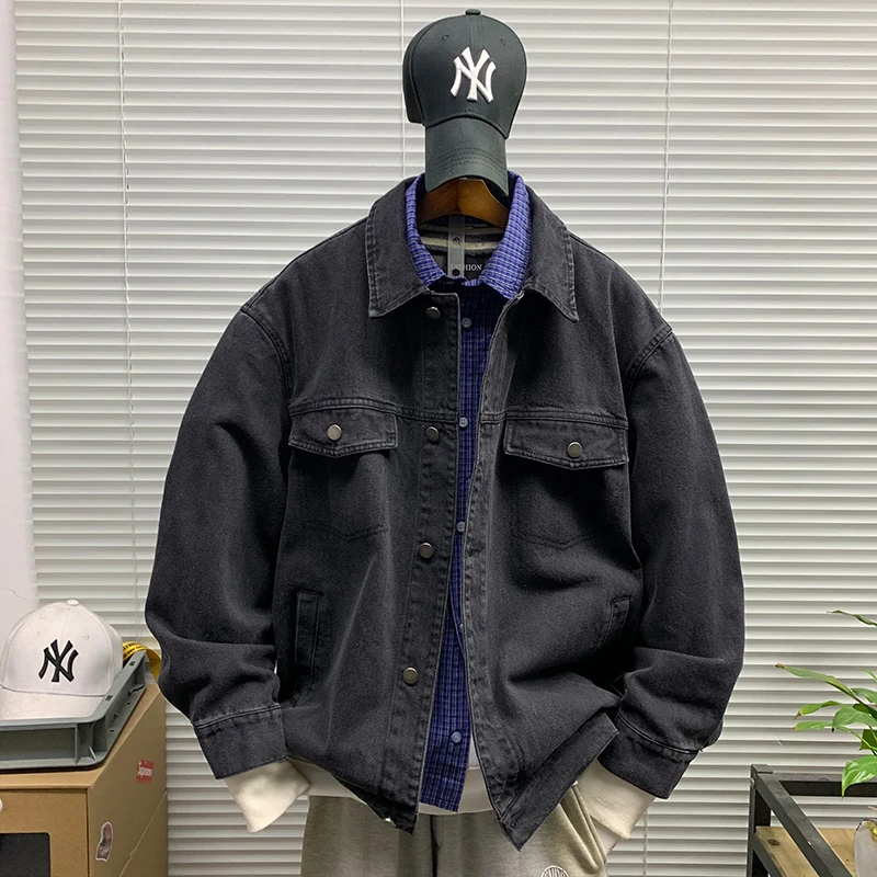 牛仔外套男高街假两件拼接春秋新款潮牌百搭工装复古休闲宽松夹克