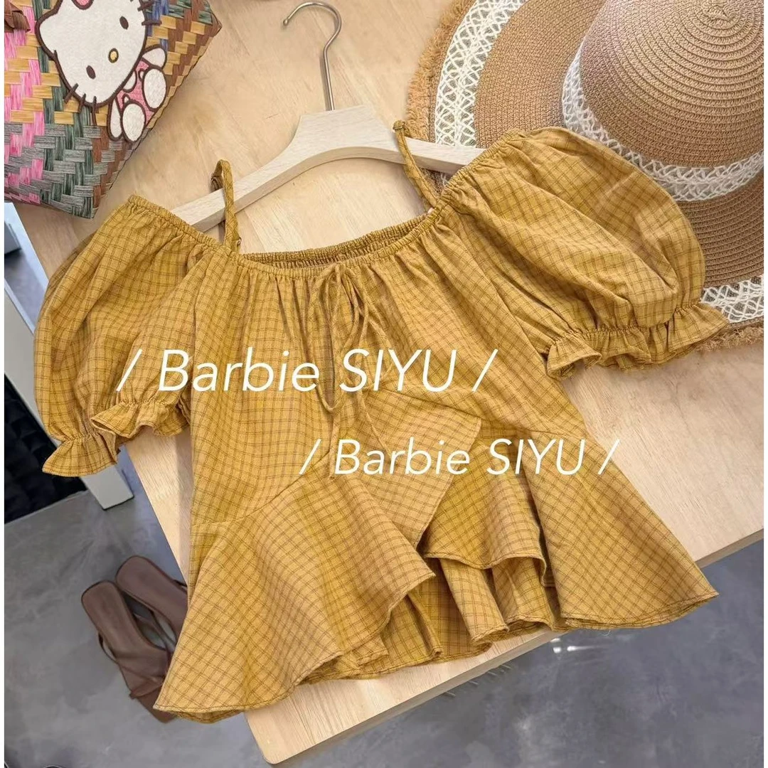 Barbie 辣酱【吉娃娃】692夏季韩系一字肩吊带泡泡袖格子短款小衫