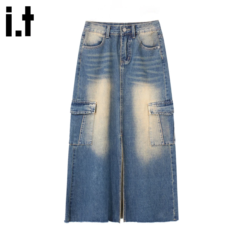 i.t:CHOCOOLATE复古蓝色水洗牛仔裙女秋冬新款宽松开叉口袋半身裙