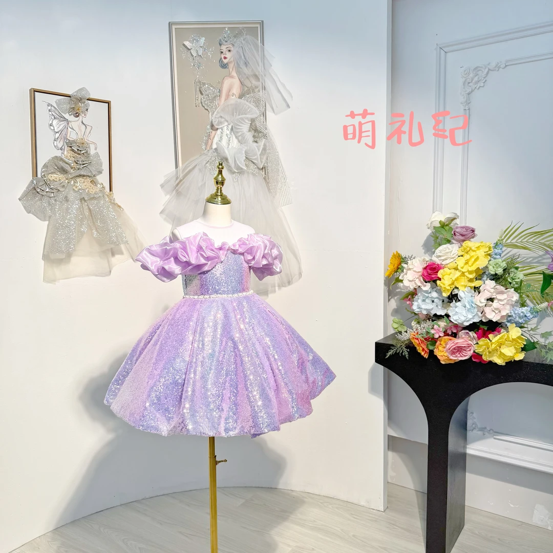 儿童礼服裙公主蓬蓬短女孩宝宝生日法式洋气走秀花童主持紫色亮片