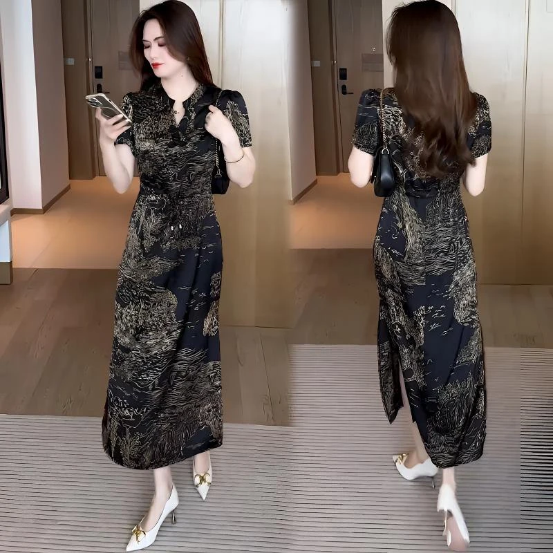 号-新中式国风显瘦时尚通勤收腰夏季女性开叉连衣裙