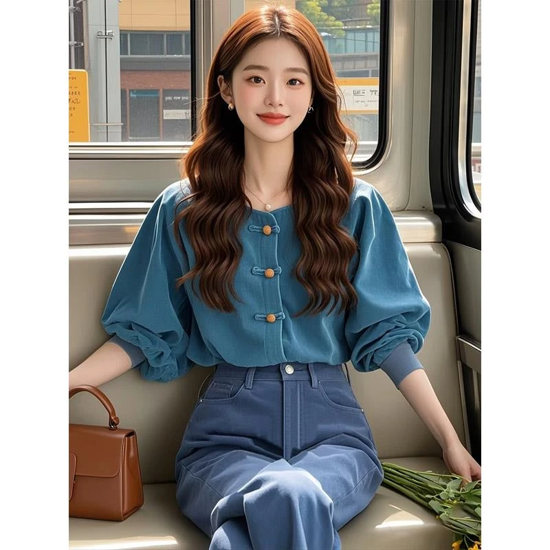 新款新中式孔雀蓝灯芯绒长袖露脐女轻奢感洋气减龄超好看国风上衣