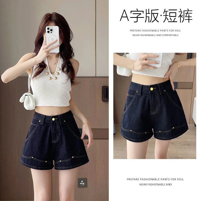 复古港风丹宁蓝设计感牛仔短裤女2025年夏季薄款高腰a字热裤