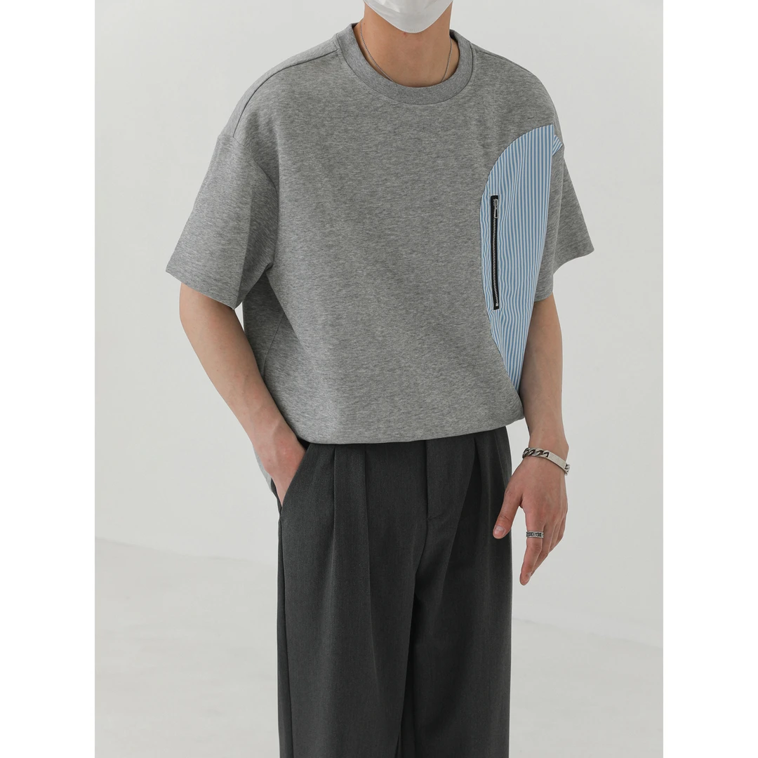 卓卓太空棉夏季上衣设计感拼接短袖T恤 男潮牌宽松圆领半袖体恤衫