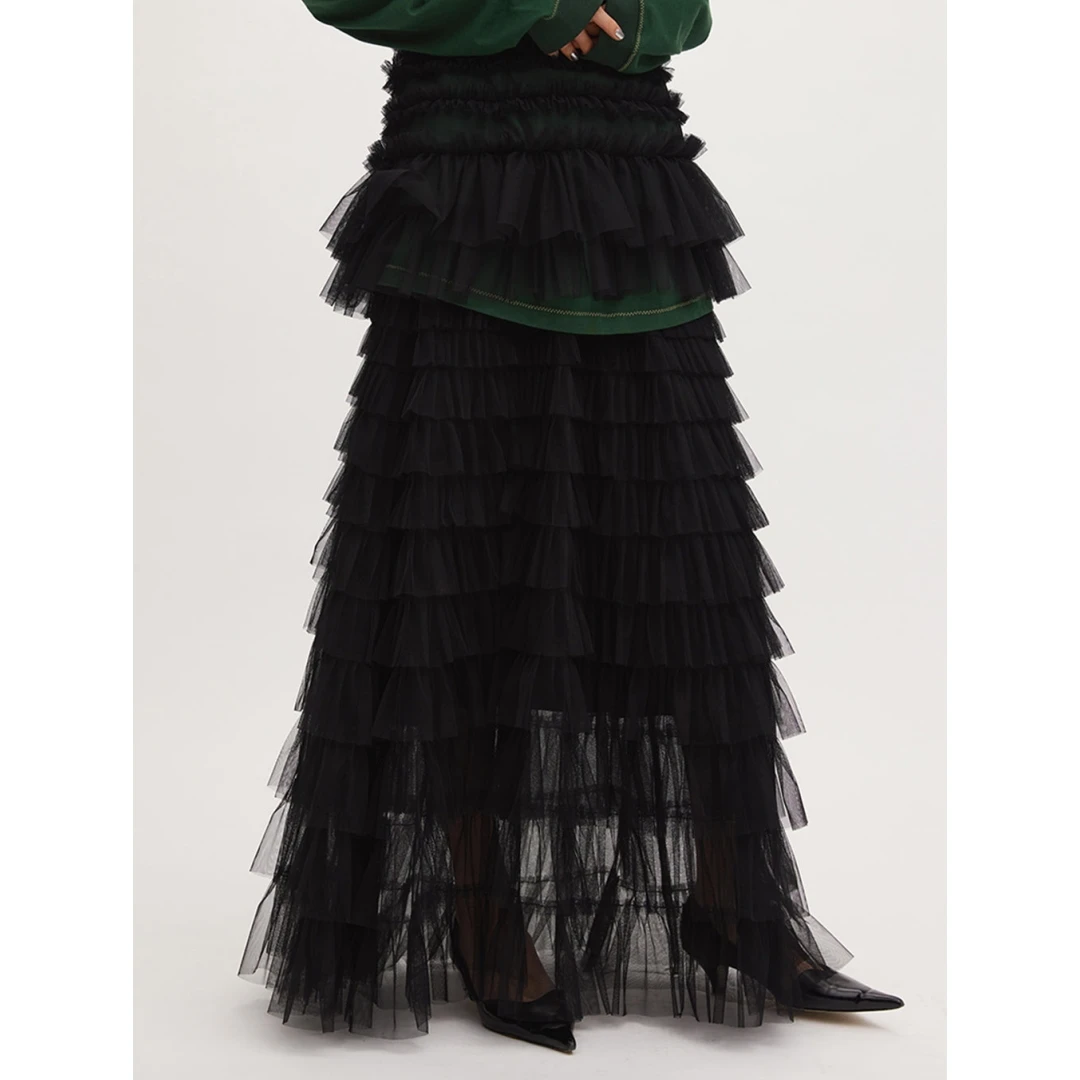 【DD外贸】夏季新款 代 设计感大摆蛋糕裙网纱百褶高腰显瘦半裙