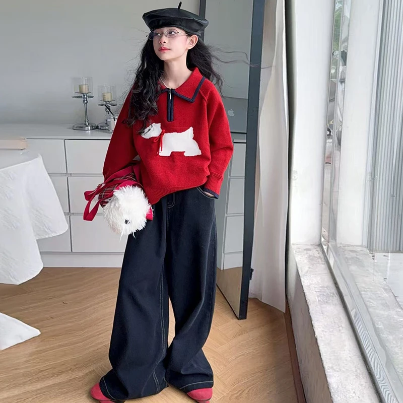 女童秋装毛衣套装2025新款洋气儿童红色毛衣春秋牛仔裤两件套时髦