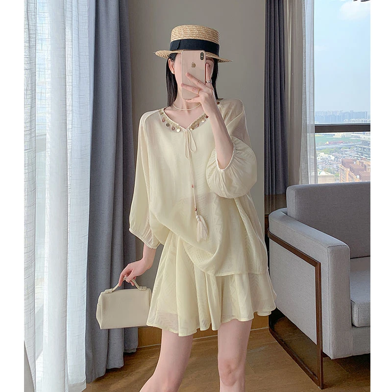 波西米亚薄款防晒衬衫+休闲短裤时尚雪纺套装两件套2025夏季新款