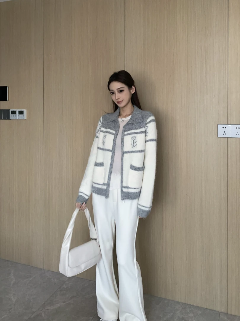 Onewish 2025冬季新款 北欧甜妹 玫瑰花撞色韩女提花开衫