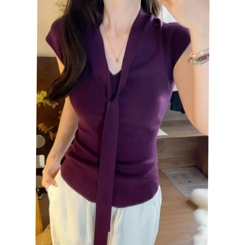 紫色V领挂脖飘带冰丝针织短袖T恤女夏季老钱风松弛感女装短款上衣